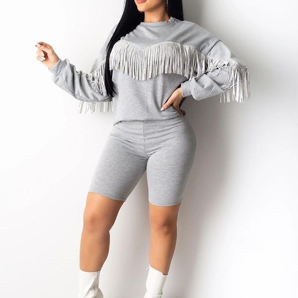 

two piece dress women tassel casual short sets long sleeve fringed shorts solid suits 2021 autumn fashion club body outfits, White