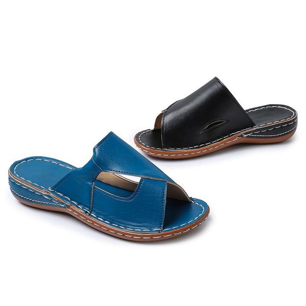 

women leather sandals flats buckle strap ladies slides comfortable home heel beach slip on wedges shoes plus slipper slippers, Black