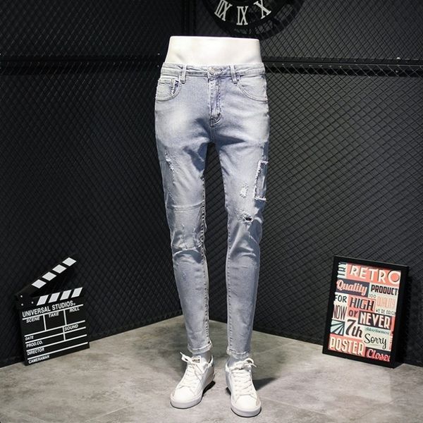 

men's jeans washed-up summer patch of the hole jeans men discoloured blue light printing thin pencil frayed preppy casual pants denim u