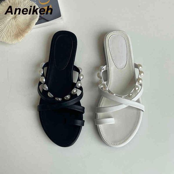 

women summer fashion shallow pearl decoration ladies concise pu outside sandals low heel peep toe square slippers 210507, Black
