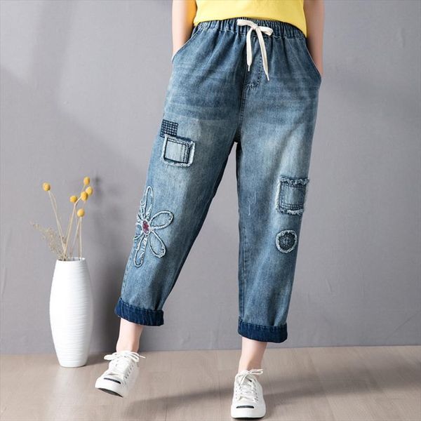 

9261 fashion elastic waist women pants vintage patchwork floral embroidery ankle length harem denim female casual loose jeans, Black;white