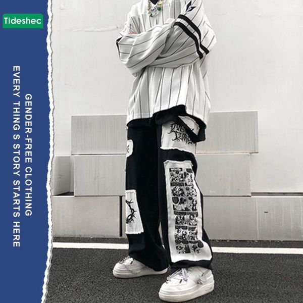 

men's jeans tideshec manga patch pants ins harajuku trousers casual loose straight wide leg black stitching anime printed, Blue