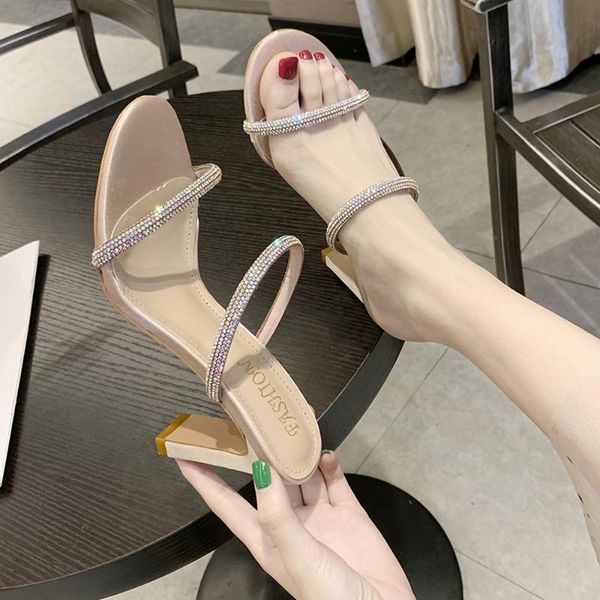 

slippers net infrared wear sandals women 2021 summer rhinestone flip flops non-slip fashion thick heel high-heeled, Black
