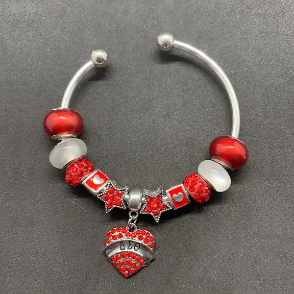 

charm bracelets fashionable red rhinestone inlaid metal big hole beads bracelet delta dst sorority society jewelry opening bangle, Golden;silver