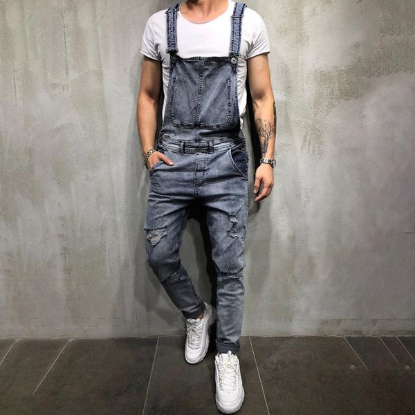

men's pants jeans pant overall casual jumpsuit wash broken pocket trousers suspender male clothing, Black
