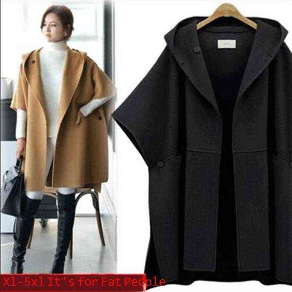 Frauen Mantel Mantel Mit Kapuze Woolen Tuch Jacke Casual 2021 Frühling Oversize Cape Lose Plus Größe Weibliche Strickjacke Poncho Outwear 5XL h1123