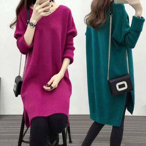 

casual dresses women's sweater dress autumn winter v-neck long sleeve loose split mid length pullover knitted solid jumpers, Black;gray