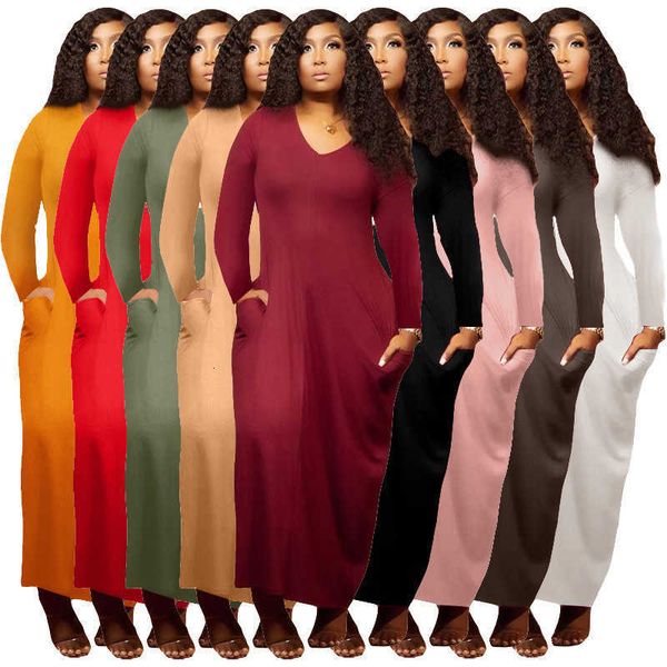 

autumn v-neck long drs solid color pocket loose long sleeve drs, Black;gray