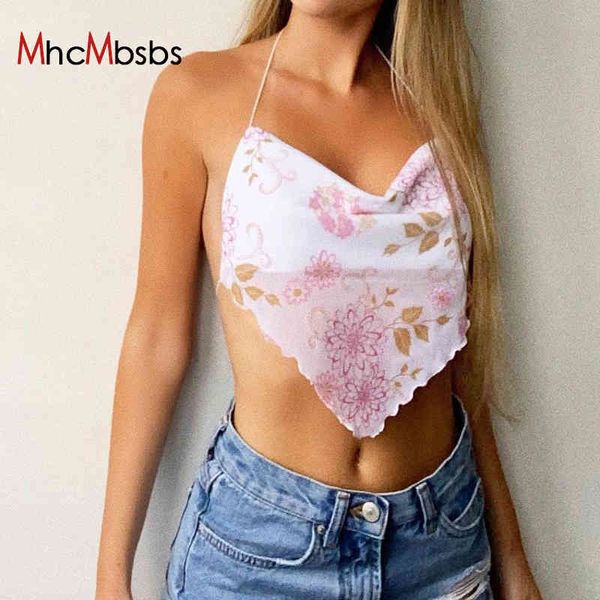 Çiçek Baskı Kırpma Üst Kadınlar Dantelli Omuz Askısı Üçgen Seksi Korse Vintage Tatlı Backless Büstiyer Yaz 210517 Tops