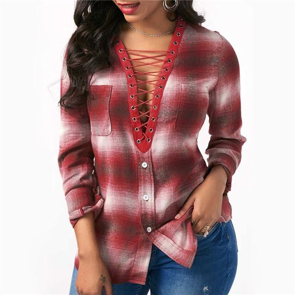 

women's blouses & shirts 2021 spring women long sleeve plaid shirt lace up deep v-neck blouse fashion office lady casual blusas fe, White
