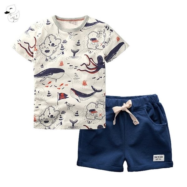 

biniduckling 2pcs children's outfit sets boys o-neck t-shirt and shorts summer casual cartoon fish print kids boy cotton clothes 210326, White