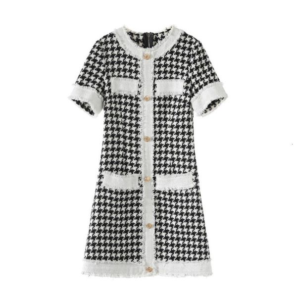 

casual dresses houndstooth knitting mini women short sleeve button fashion party round neck chic ladies tlbl, Black;gray