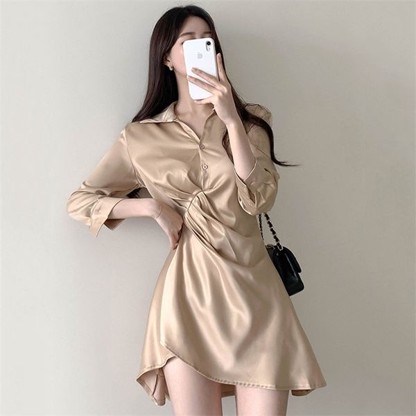 

autumn light mature wind-turned short dress for women female collar single-breasted shiny pleated small uk474 210507, Black;gray