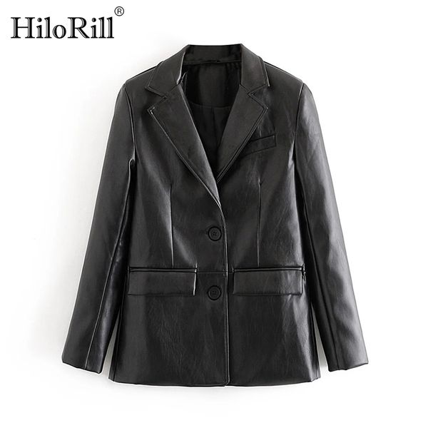 

women streetwear black pu faux leather blazer coat notched collar single breasted jacket long sleeve outerwear 210508, White;black