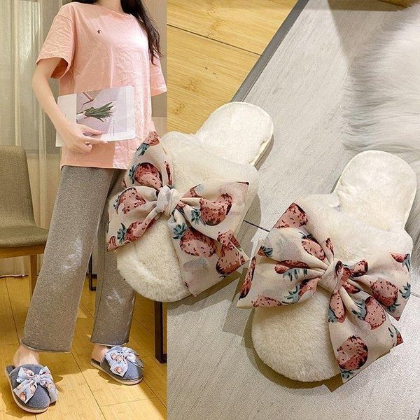 

korean style autumn and winter super fire bow cotton slippers home warm thick plush indoor women's, Black