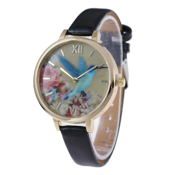 

fashion flower bird pattern couple quartz watches roman numbers leather strap wrist women clocks relogio feminino saat wristwatches, Slivery;brown