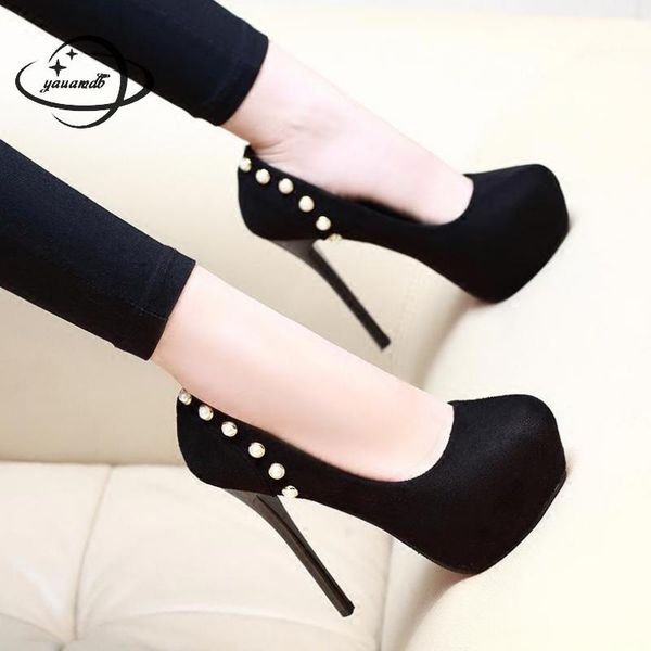 

dress shoes yauamdb women pumps female 34-39 spring autumn 14cm high heels beads platform slip on round toe ladies office ly78, Black