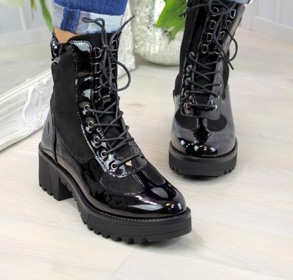 

boots women leather waterproof round toe lase-up ankle fashion casual lace-up short combat for girls faux suede slim, Black