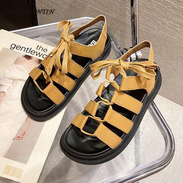 

sandals french retro lace-up roman 2021 summer genuine leather hollow thick-soled flat beach casual, Black