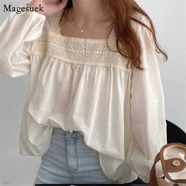 

french square collar puff sleeve fairy lace upper garment shirt early autumn korean loose women blusa 10319 210518, White