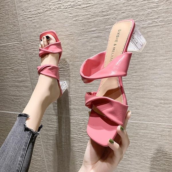 

slippers 2021 fashion design transparent heels sandals women summer slip on square toe slides mules shoes womnan pumps, Black