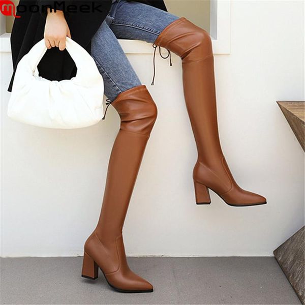 

boots moonmeek 2021 big size 33-46 fashion women high heels pointed toe over the knee 4 colors winter ladies shoes, Black