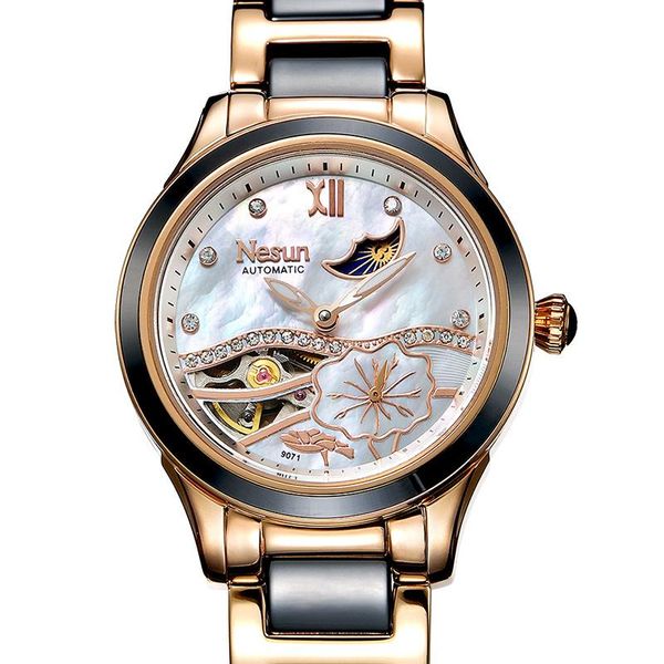 

wristwatches switzerland nesun hollow tourbillon women watch clock automatic self-wind wrist waterproof ladies n9071-2, Slivery;brown