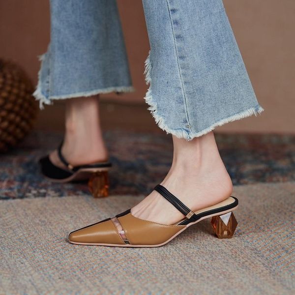 

sandals mules shoes women real natural leather slippers spring summer 2021 cowhide mixed colors transparent medium heels size 45, Black