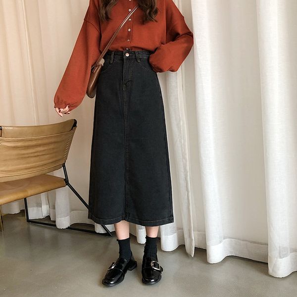

skirts autumn and winter 2021 korean style ins denim women's high waist adjustable button slim split student a-line skirt, Black