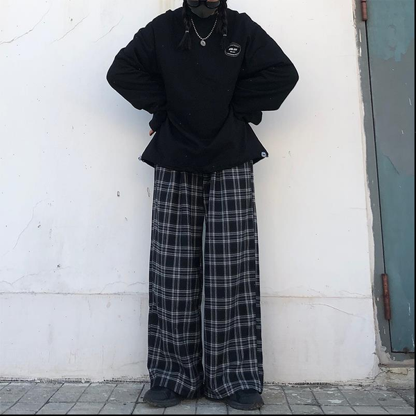 

zsiibo women pants womens checked black loose hip hop korean style plus size joggers in trousers, Black;white