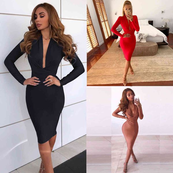 

deep v-neck low cut bandage pencil dress bodycon long sleeve womens party elegant red dresses black office ladies vestidos 210507, Black;gray