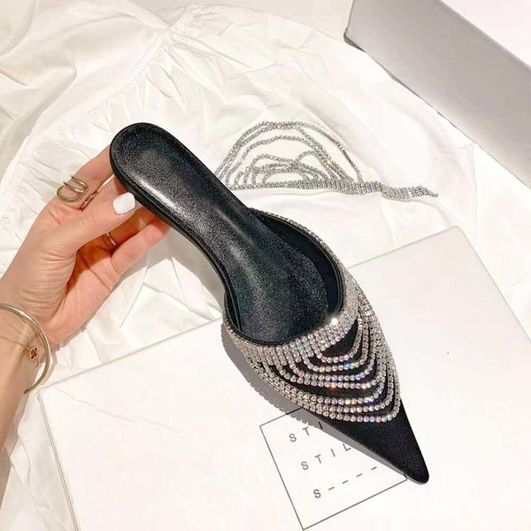 

slippers pointed toe slipper woman fashion women summer sandals lady flats bling crystal outdoor chic slip on shoes, Black