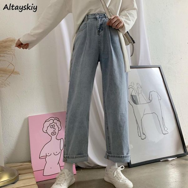

women's jeans women high waist ankle-length zipper button pockets loose wide leg korean style trendy fashion daily womens streetwear, Blue