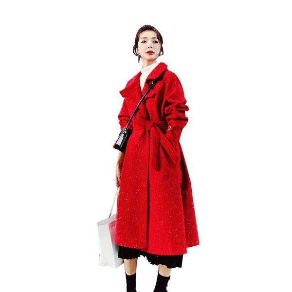 

women's wool & blends real s woolen coat female korean version of the autumn and winter long small shiny loose hepburn style, Black