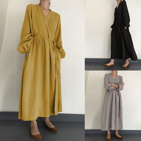 

casual dresses fashion women dress ladies v neck lantern long sleeve mid calf vestidos elegant female bohemian robe, Black;gray