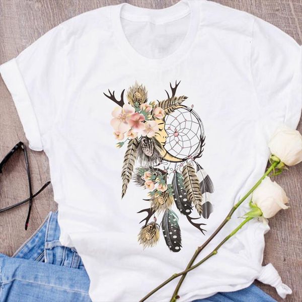 

graphic print feather floral women t shirt short sleeve fashion clothing cute 90s clothes lady tees female womens, White
