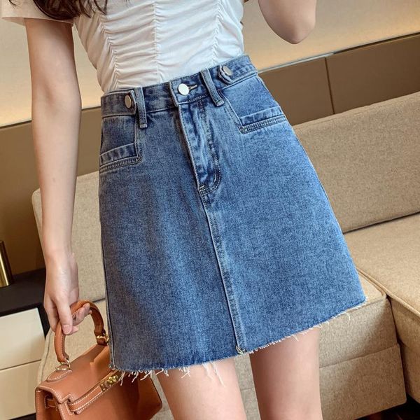 

skirts realeft 2021 spring summer denim mini high waist casual jeans a-line cowboy female pockets, Black