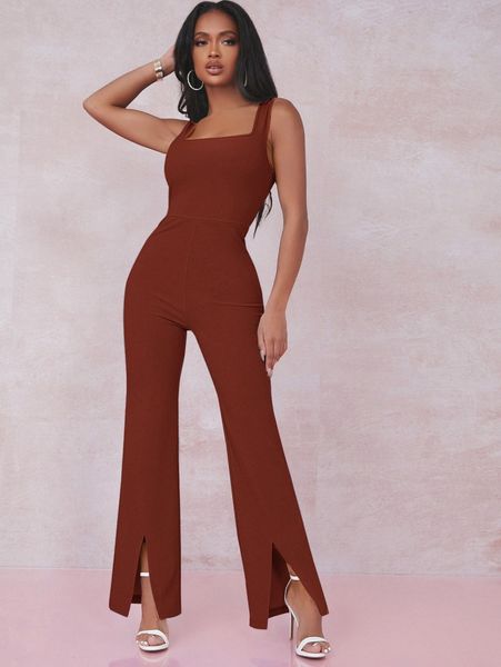 

split hem flare leg jumpsuit m2rn#, White