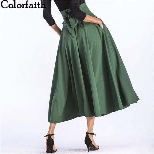 Colorfaith Mulheres Forma Long Maxi Saia Vintage Senhoras Moda Plissada Bolsos Flared Lace Up Bow Plus Size 4XL SK8831 210619