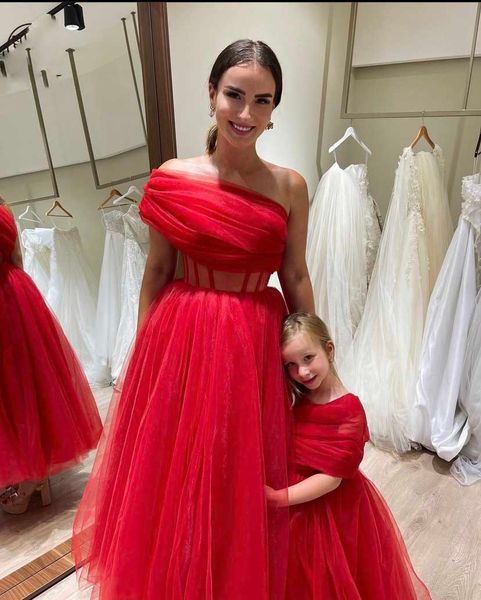 

2022 prom dresses one shoulder pleated a line tulle tea legnth red evening gowns, Black