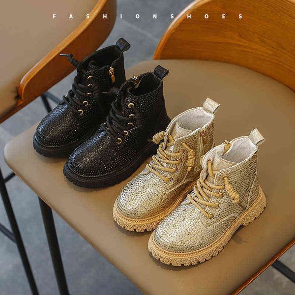 

girls martin boots 2021 spring and autumn new boys british style short boots rhinestone princess golden leather boots g1126, Black;red
