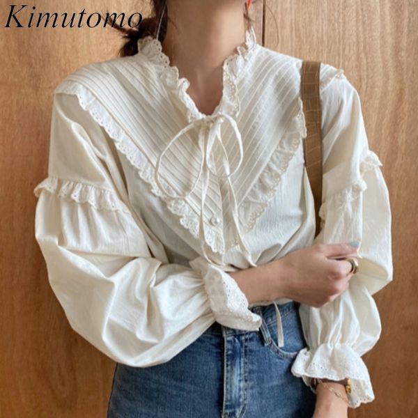 Kimutomo Camisa Branca Coreano Solto Francês Retro Laço De Laço Suporte Collar Manga Longa Única Breasted Elegant Blouse Menina Primavera 210521