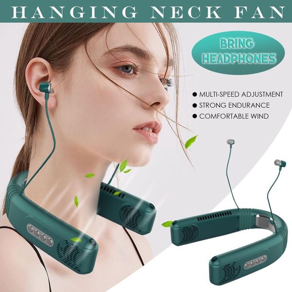 

electric fans portable leafless neck hanging fan sports lazy mini comes with headphones for listening to music