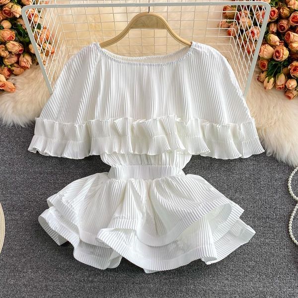 

women's blouses & shirts summer round neck female ruffles patchwork blouse pleated solid color streetwear fashion loose clothing, White