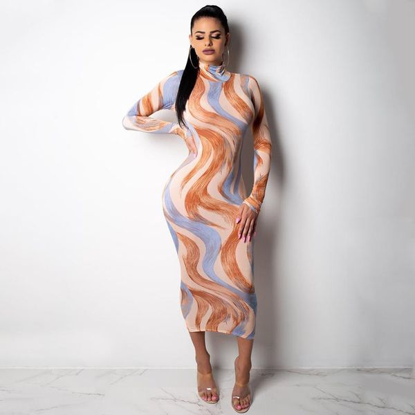 

casual dresses print stand collar women long sleeve 2021 elegant bodycon tight female dress party club turtleneck feminine clothes, Black;gray