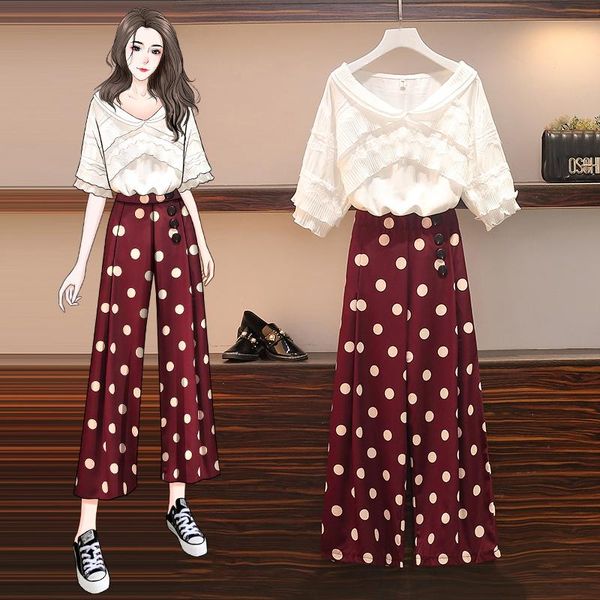 

casual fashion two piece sets v-neck ensemble femme survetement lace short-sleeved wide-leg pants suit costumes for women women's, White