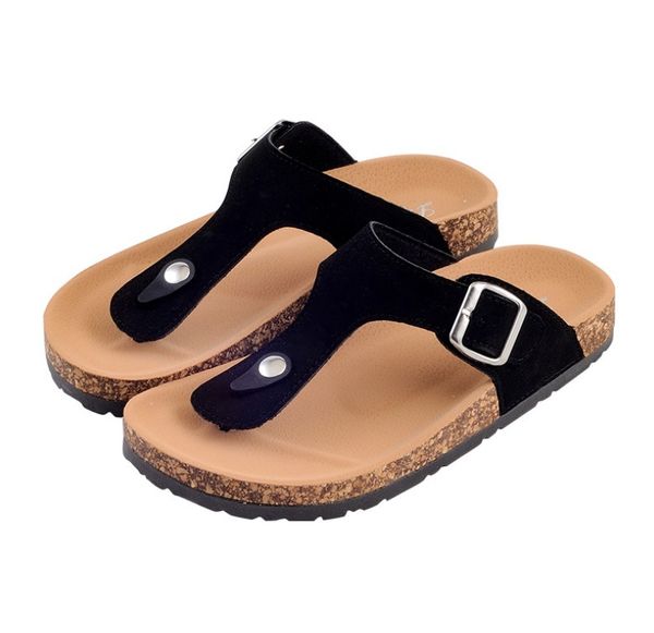 

summer designer women flip flops slippers non-slip fashion leather slides cork bottom sandals metal buckled ladies casual shoes eu36-eu42, Black