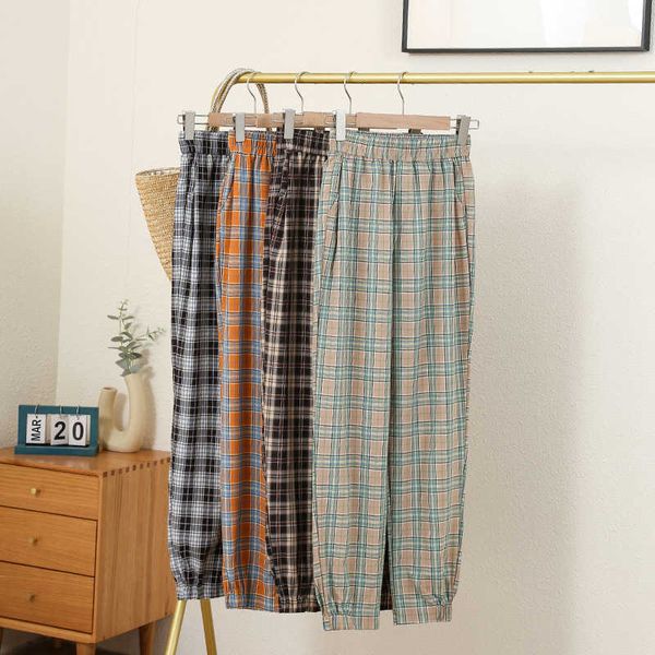 

plaid contrast elastic pants for female students, Black;white