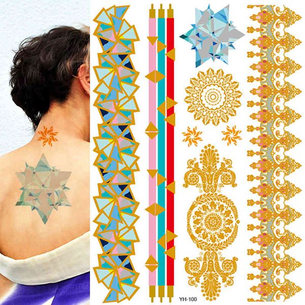 Flash Tattoo Metallic Gold Dreieck Wasserfester Aufkleber Bady Art Tatoo Blau schimmernder Schmuck Festival Temporäre Tattoos