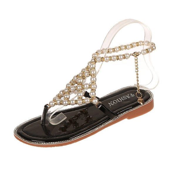 

sandals vmti 2021 summer low-heeled flip-flops beach shoes with rhinestone pearl buckle female fashion round toe roman, Black